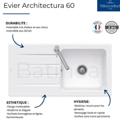 Evier 1 bac 100 x 51 cm VILLEROY ET BOCH Architectura 60 Blanc + Robinet cuisine GROHE Bauloop