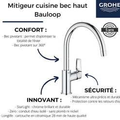 Evier 1 bac 100 x 51 cm VILLEROY ET BOCH Architectura 60 Blanc + Robinet cuisine GROHE Bauloop