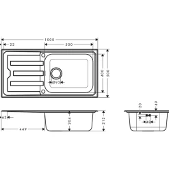 Evier 1 bac avec égoutoir HANSGROHE S44 inox