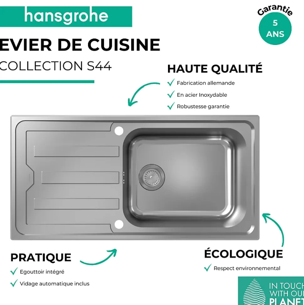 Evier 1 bac avec égoutoir HANSGROHE S44 inox
