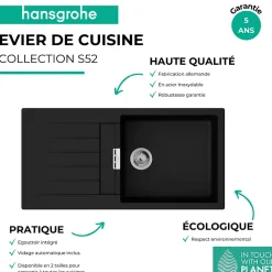 Evier 1 bac avec égouttoir 980 HANSGROHE S52 synthèse noir