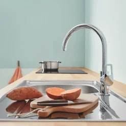 Evier 1 bac et demi 116 x 51 cm VILLEROY ET BOCH Architectura 8 Blanc + Robinet cuisine GROHE Bauloop