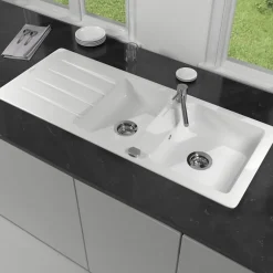 Evier 1 bac et demi 116 x 51 cm VILLEROY ET BOCH Architectura 8 Blanc + Robinet cuisine GROHE Bauloop