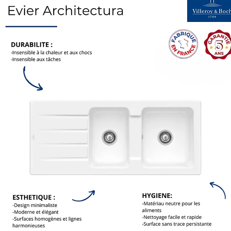 Evier 1 bac et demi 116 x 51 cm VILLEROY ET BOCH Architectura 80 Fossile