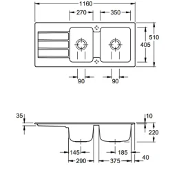 Evier 1 bac et demi Architectura VILLEROY ET BOCH 80 116 x 51 cm Blanc sans vidage