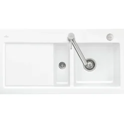 Evier 1 bac et demi avec egouttoir a gauche VILLEROY ET BOCH Subway Pure 60 100 x 51 cm Blanc vidage automatique inclus