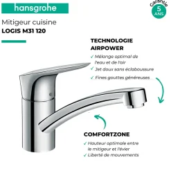 Evier 1 bac HANSGROHE S21 inox + robinet de cuisine HANSGROHE Logis M31 120 chromé