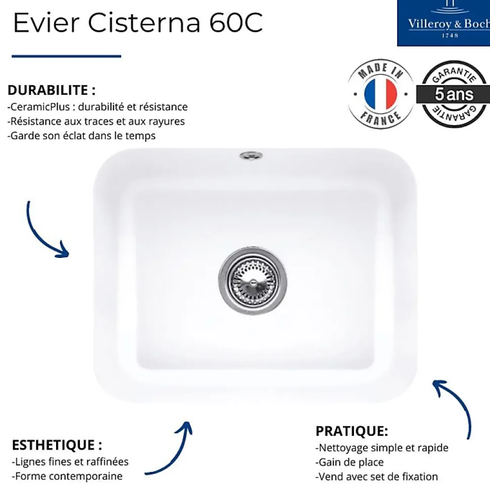 Evier 1 bac VILLEROY ET BOCH Cisterna 60C Chromite CeramicPlus avec vidage manuel