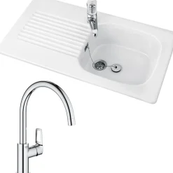 Evier 1 bac VILLEROY ET BOCH Tudor + mitigeur cuisine GROHE Bauloop bec haut