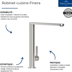 Evier 1 bac VILLEROY ET BOCH Architectura 60 vidage auto + Robinet de cuisine Finera Or Mat