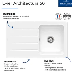 Evier 1 bac VILLEROY ET BOCH Architectura 50 Pure Black - Vidage automatique inclus