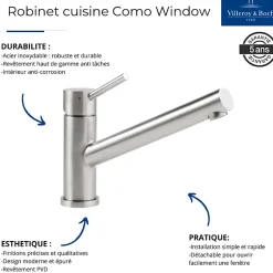 Evier 1 bac VILLEROY ET BOCH Architectura 60 vidage auto + Robinet de cuisine Como Window Acier Massif