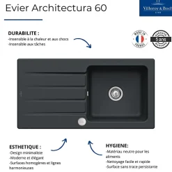 Evier 1 bac VILLEROY ET BOCH Architectura 60 Pure Black avec vidage automatique