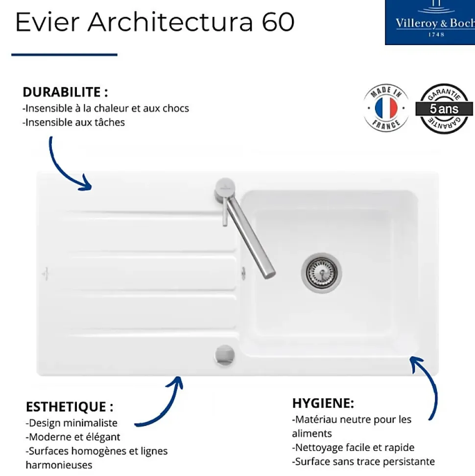 Evier 1 bac VILLEROY ET BOCH Architectura 60 + Robinet de cuisine Junis Sky Shower
