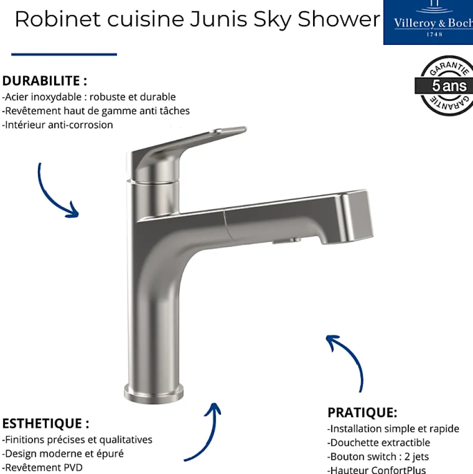 Evier 1 bac VILLEROY ET BOCH Architectura 60 + Robinet de cuisine Junis Sky Shower