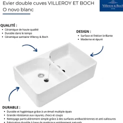 Evier 2 bacs blanc VILEROY ET BOCH O Novo 220 x 895 x 550 mm avec trop-plein