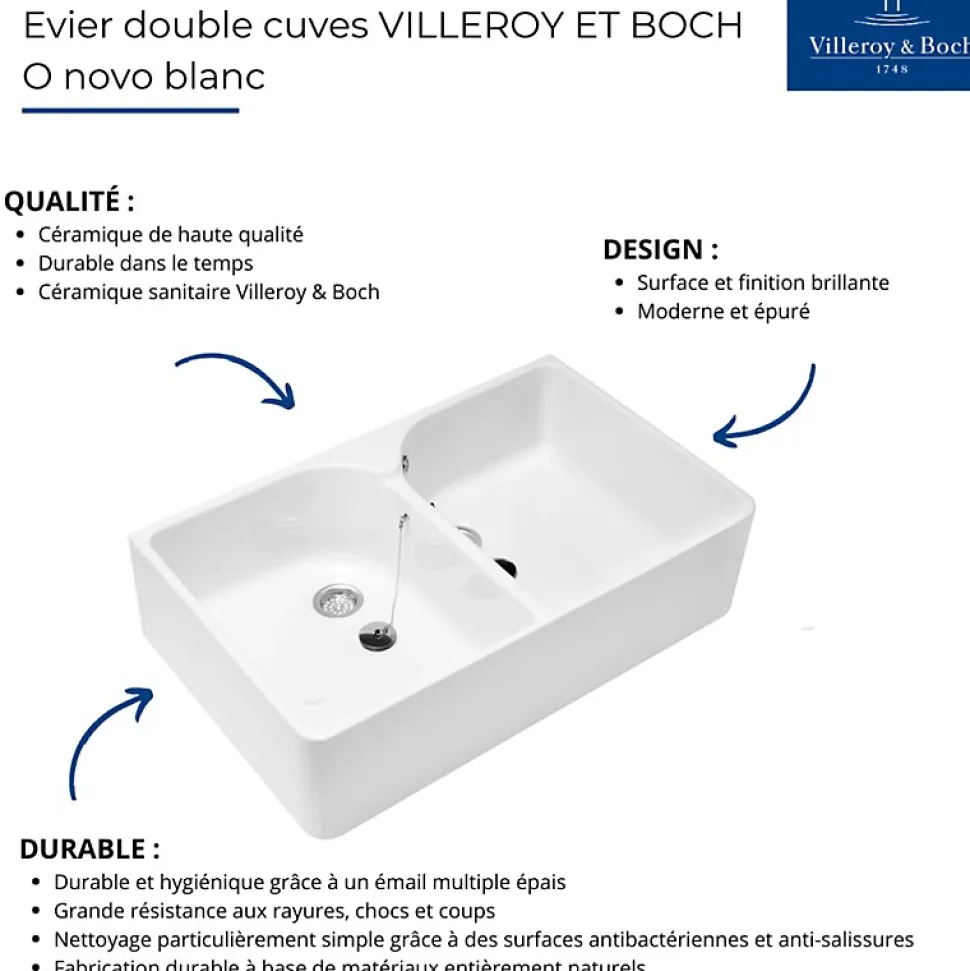Evier 2 bacs blanc VILLEROY ET BOCH O Novo 22 x 79,5 x 51 cm avec trop-plein
