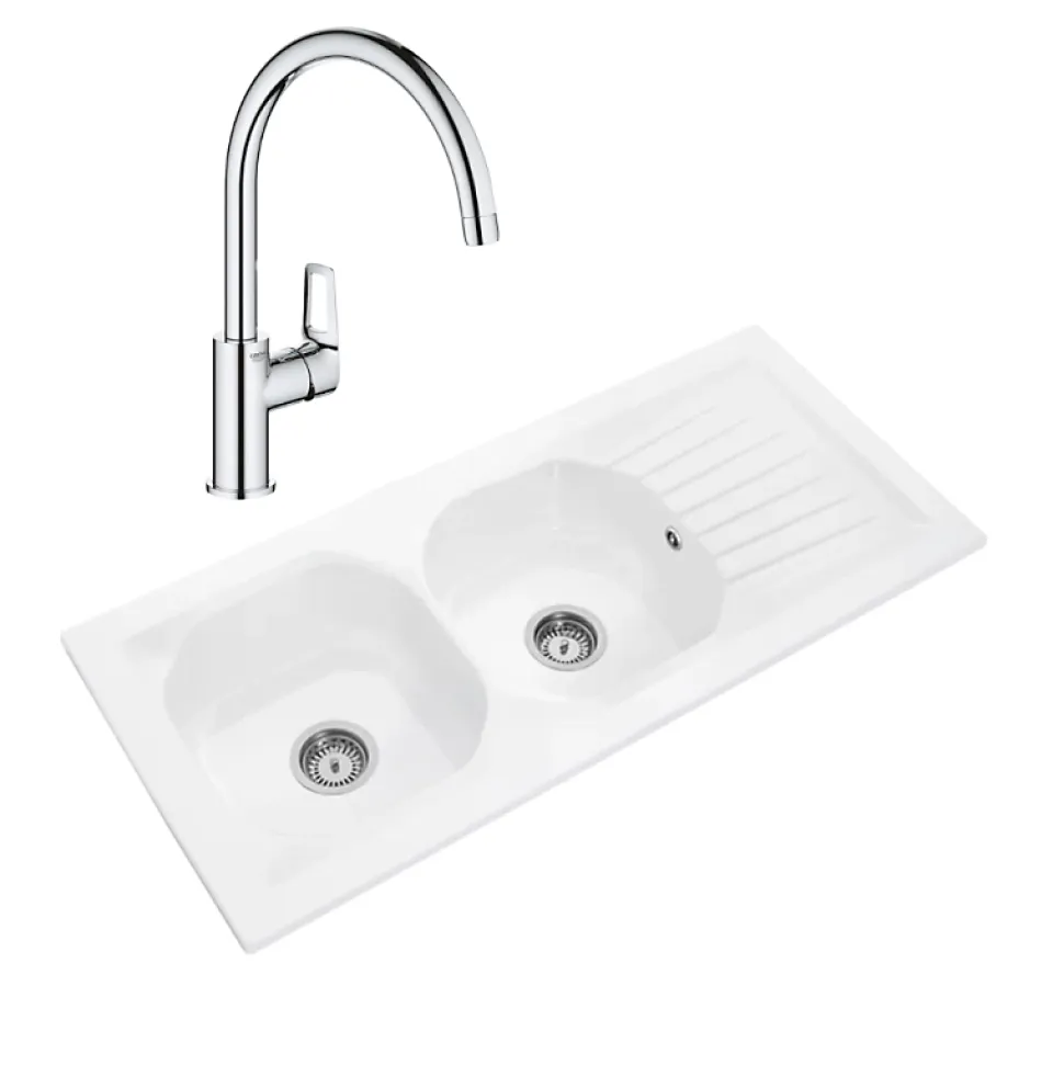 Evier 2 bacs VILLEROY ET BOCH Nestor Plus + Mitigeur cuisine bec haut GROHE Bauloop