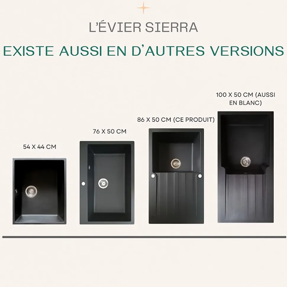 Evier 1 cuve 1 égouttoir en résine noir Essebagno Sierra