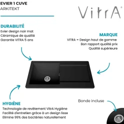 Evier 1 cuve avec égouttoir et vidage manuel VITRA Arkitekt noir mat