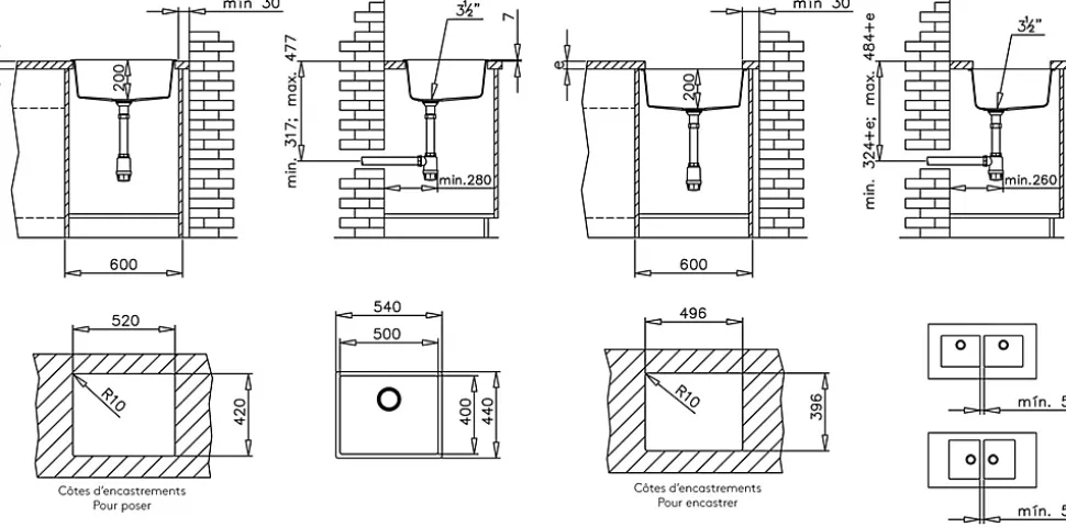 Evier 1 cuve seule 54x44 en résine noir Essebagno Sierra