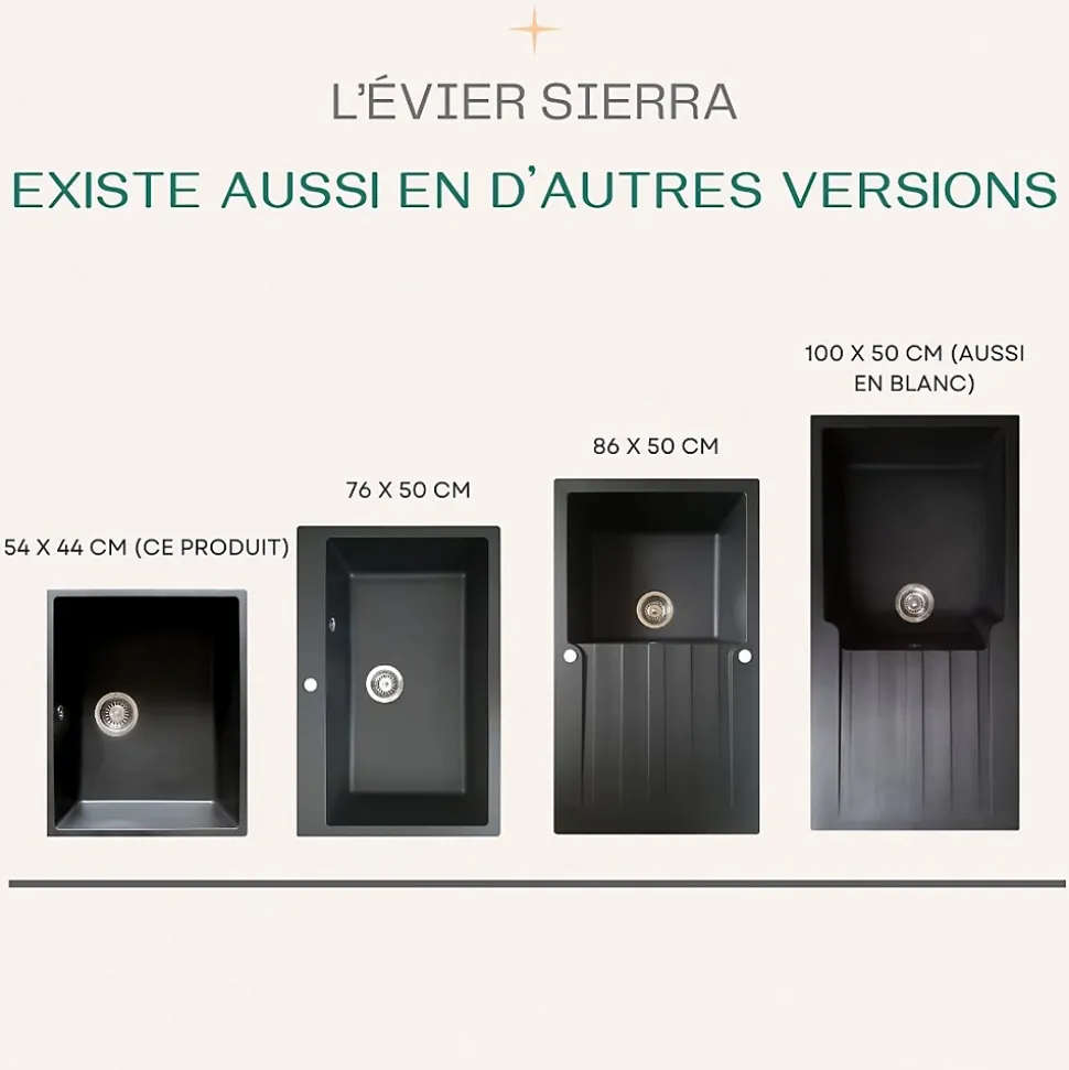 Evier 1 cuve seule 54x44 en résine noir Essebagno Sierra