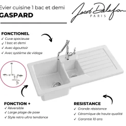 Evier à encastrer 1 bac et demi JACOB DELAFON Gaspard avec système de vidage