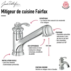 Evier à encastrer 1 bac JACOB DELAFON Gaspard + robinet cuisine Fairfaix avec douchette