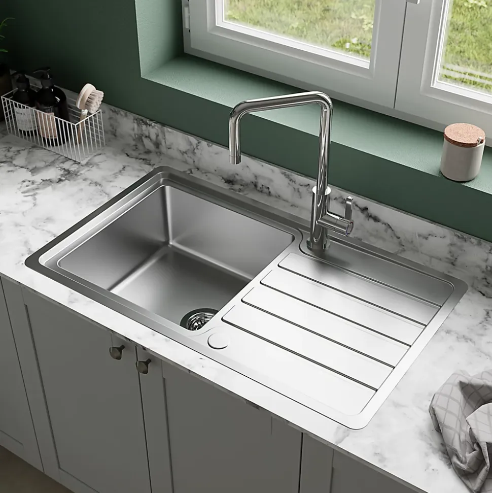 Evier à encastrer en acier inoxydable 1 bac et égouttoir l. 50,5 x L.86,5 x P. 21,5 cm GoodHome Quassia