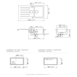 Evier à encastrer en composite quartz noir 1,5 bacs et égouttoir l. 50 x H. 30,4 x P. 19,7 cm GoodHome Torla