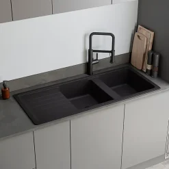 Evier à encastrer en composite quartz 2 bacs et égouttoir L. 116 x l. 50 x H. 28,2 cm GoodHome Alland