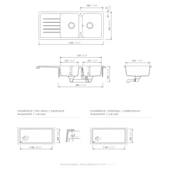 Evier à encastrer en composite quartz 2 bacs et égouttoir L. 116 x l. 50 x H. 28,2 cm GoodHome Alland