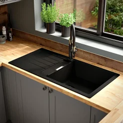 Evier à encastrer en composite quartz gris 1 bac et égouttoir l. 50 x H. 30,4 x P. 19,7 cm GoodHome Torla