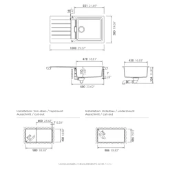 Evier à encastrer en composite quartz gris 1 bac et égouttoir l. 50 x H. 30,4 x P. 19,7 cm GoodHome Torla
