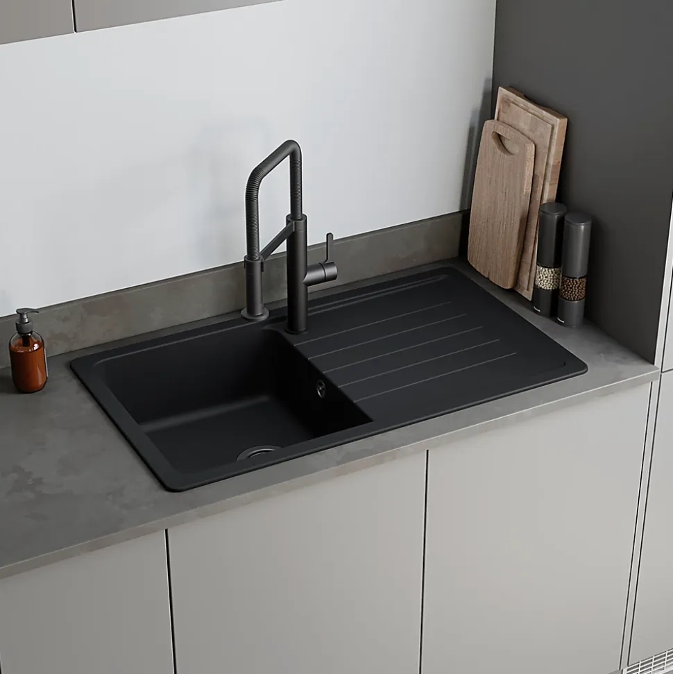 Evier à encastrer en composite quartz noir 1 bac et égouttoir L. 86 x l. 50 x H. 28,2 cm GoodHome Alland