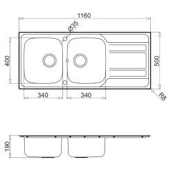 Evier à encastrer en inox microstructuré 2 bacs et égouttoir l. 50 x H. 19 x P. 19 cm GoodHome Lucerne