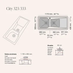 Evier à encastrer POALGI - City 333 - Granit - Gris Ash - 118 cm - 2 bacs et 1 égouttoir