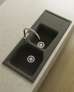 Evier à encastrer POALGI - City 333 - Granit - Noir Basalt - 118 cm - 2 bacs et 1 égouttoir