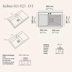 Evier à encastrer POALGI, KOBUS 813, Granit, Gris Ash, 86 cm, 1 bac 1 égouttoir droite