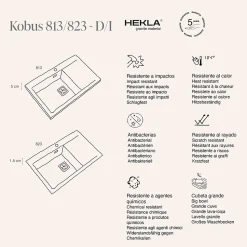 Evier à encastrer POALGI, KOBUS 813, Granit, Gris Ash, 86 cm, 1 bac 1 égouttoir droite