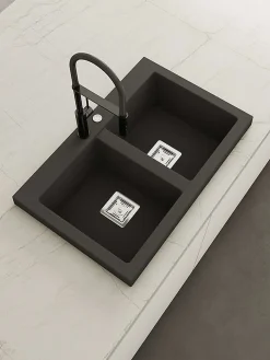 Evier à encastrer POALGI, KOBUS 816, Granit, Noir Basalt, 80 cm, 2 bacs