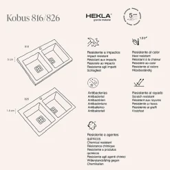 Evier à encastrer POALGI, KOBUS 816, Granit, Noir Basalt, 80 cm, 2 bacs