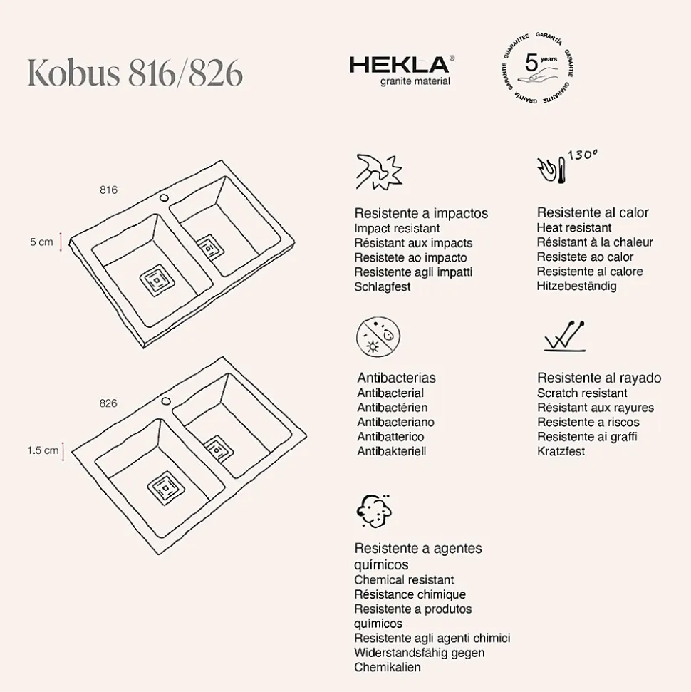 Evier à encastrer POALGI, KOBUS 816, Granit, Beige Pumice, 80 cm, 2 bacs