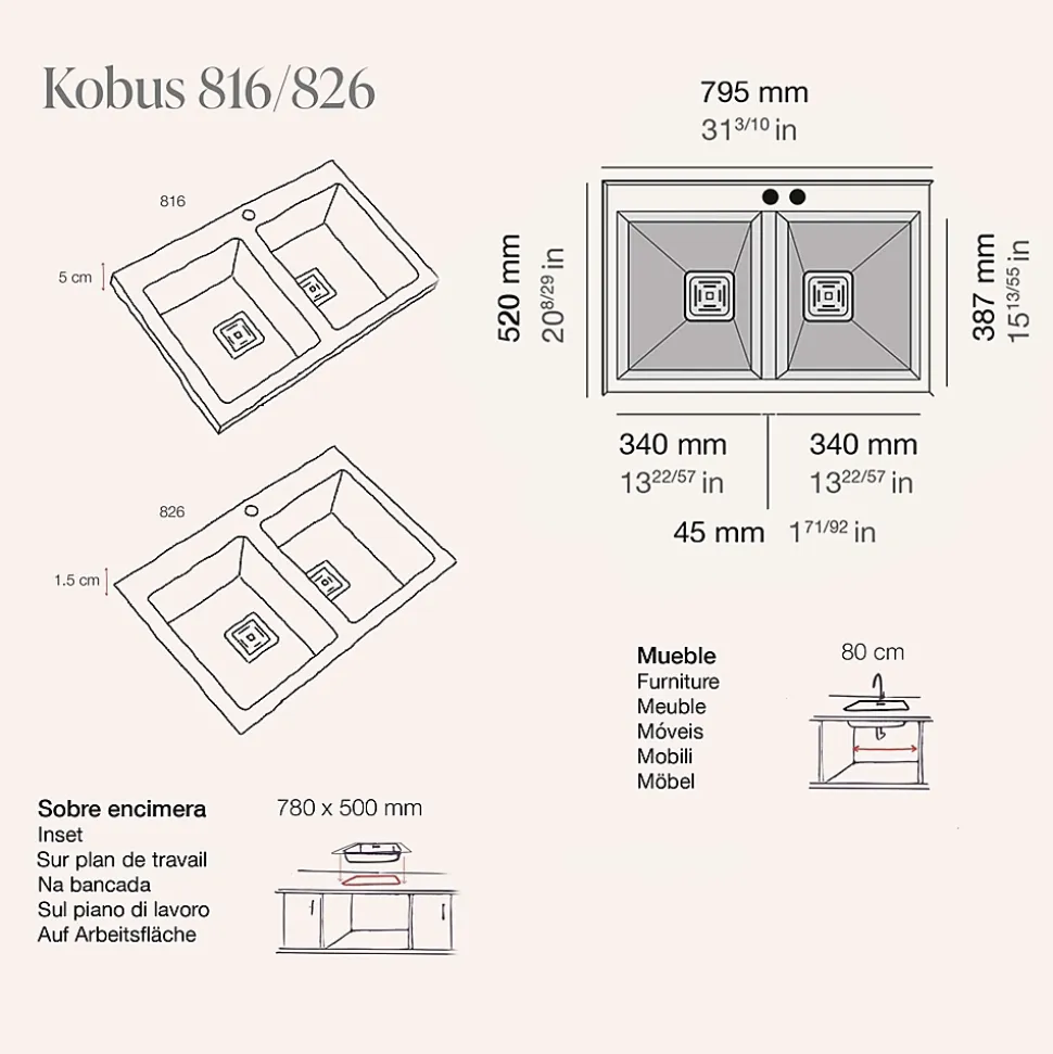 Evier à encastrer POALGI, KOBUS 816, Granit, Beige Pumice, 80 cm, 2 bacs