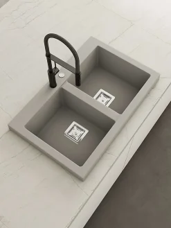 Evier à encastrer POALGI, KOBUS 816, Granit, Gris Ash, 80 cm, 2 bacs