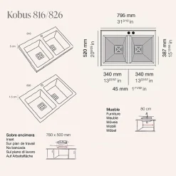 Evier à encastrer POALGI, KOBUS 816, Granit, Gris Ash, 80 cm, 2 bacs
