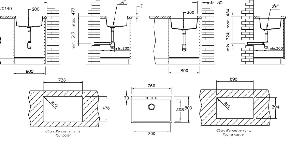 Evier 1 grande cuve seule 76x50 en résine noir Essebagno Sierra