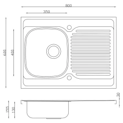 Evier à poser en acier 1 bac et égouttoir l. 60 x L.80 x P. 16 cm Mayr
