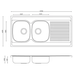 Evier à poser en acier 2 bacs et égouttoir l. 60 x L.120 x P. 16 cm Mayr