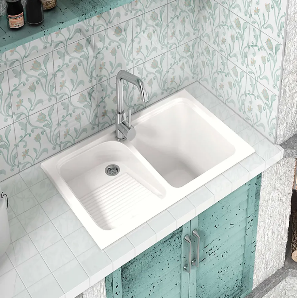 Evier Bac à laver pour buanderie à encastrer Poalgi Cuarzo Blanc - 2 bacs